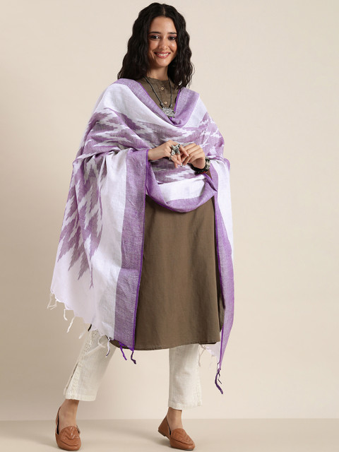 Taavi White & Lavender Woven Design Pure Cotton Ikat Dupatta - Image 2