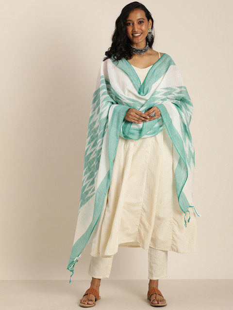 Taavi White & Green Ethnic Motifs Woven Design Pure Cotton Ikat Dupatta - Image 2