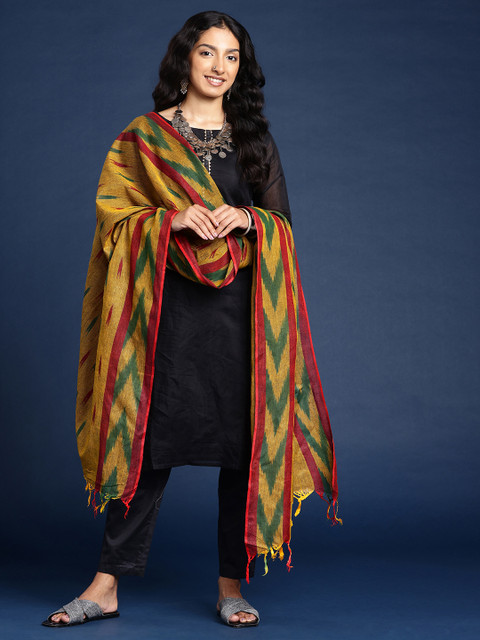 Taavi Woven Design Pure Cotton Ikat Dupatta - Image 2