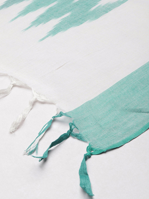 Taavi White & Green Ethnic Motifs Woven Design Pure Cotton Ikat Dupatta - Image 3