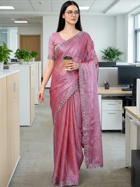 STYLE MODA Embellished Sequinned Tissue Saree