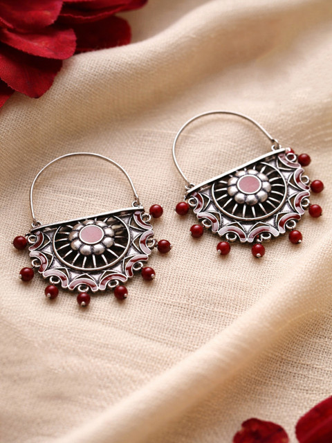 Voylla Silver-Plated & Maroon Geometric Hoop Earrings