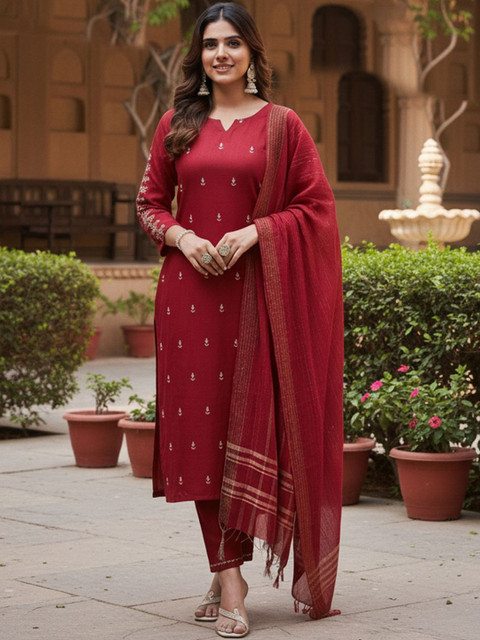ARADHNA Women Ethnic Motifs Embroidered Regular Thread Work Kurta with Trousers & With Dupatta