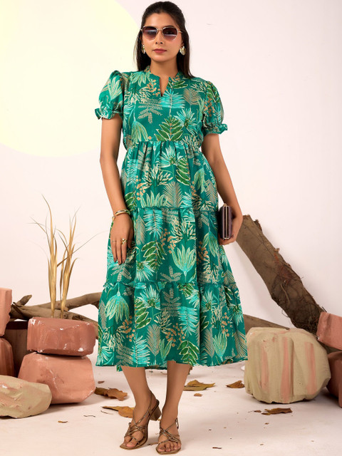 Glomee Floral Print Puff Sleeve Fit & Flare Midi Dress