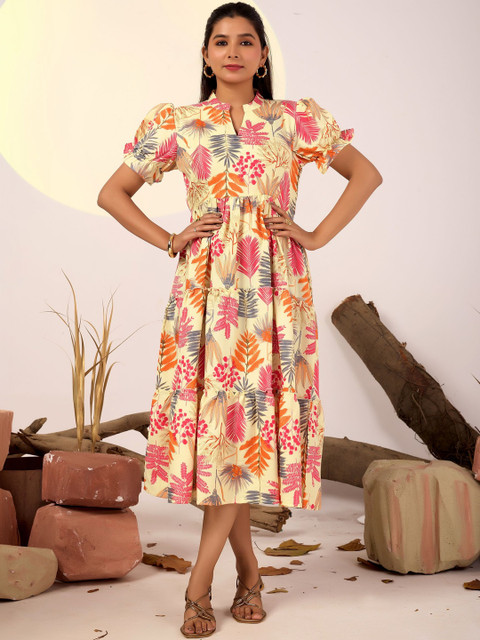 Glomee Floral Print Puff Sleeve A-Line Midi Dress