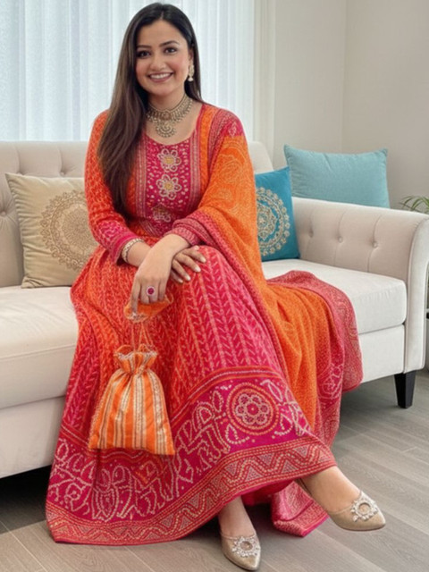 Moda Rapido Women Leheriya Printed Panelled Thread Work Kurta with Trousers & With Dupatta