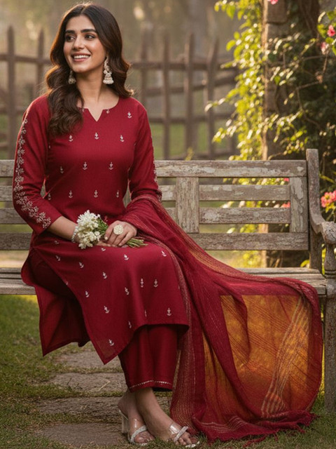 ARADHNA Women Ethnic Motifs Embroidered Regular Thread Work Kurta with Trousers & With Dupatta