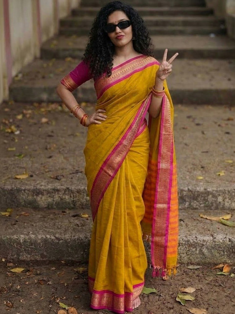 yourwish Woven Design Zari Silk Cotton Handloom Paithani Saree