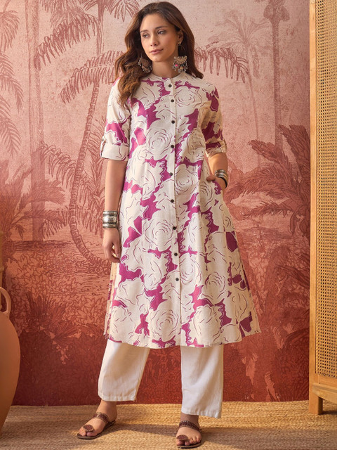 Sangria Printed Mandarin Collar Neck A-Line Kurta