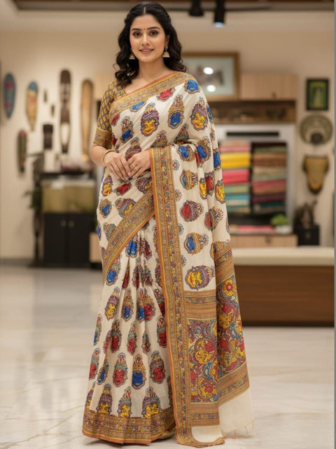 DIVASTRI Kalamkari Linen Blend Block Print Saree