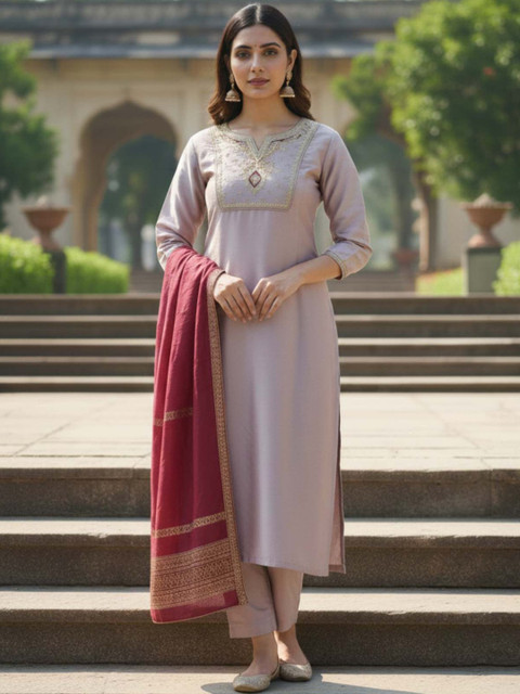 DAMAAR TEXTILE Women Ethnic Motifs Embroidered Regular Thread Work Kurta with Trousers & With Dupatta
