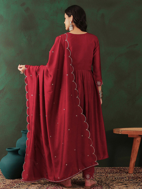Sangria Maroon Floral Embroidered Sequinned Anarkali Kurta With Trouser & Dupatta - Image 7