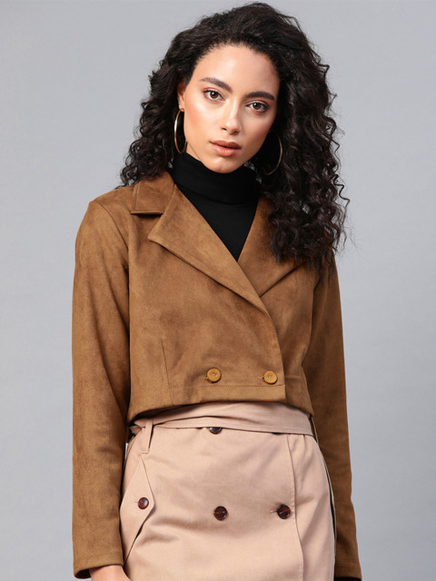 SASSAFRAS Women Brown Comfort Fit Suede Finish Double-Breasted Cropped Blazer