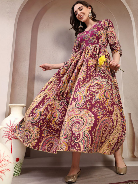 Pristyle Women Paisley Printed Flared Sleeves Thread Work Maternity Anarkali Kurta