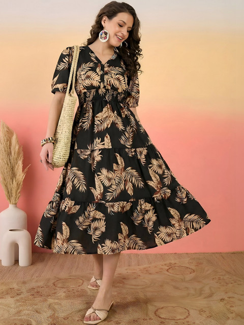 DEKLOOK Tropical Print Puff Sleeve Crepe Fit & Flare Midi Dress