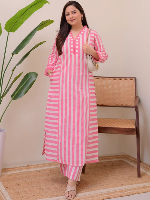 Vastravatika Women Striped Regular Thread Work Kurta with Trousers