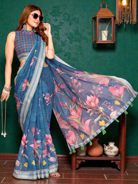 PAMPER YOURSELF Ready To Wear Printed Linen Saree With Blouse