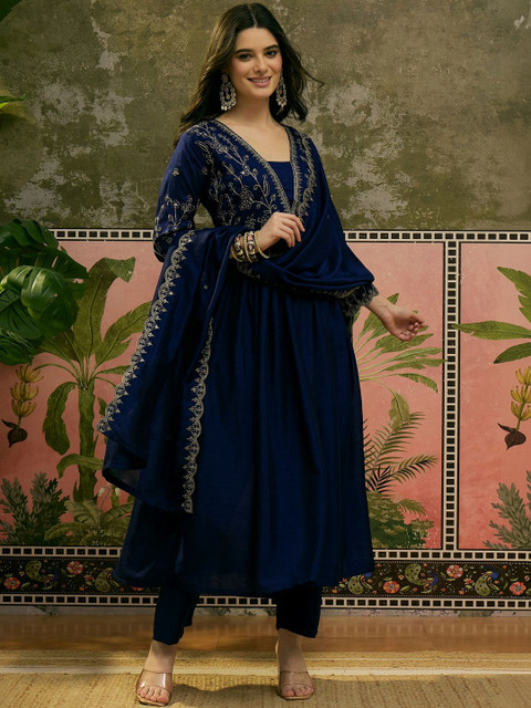 Sangria Embroidered V-Neck Kurta & Trousers Kurta Sets
