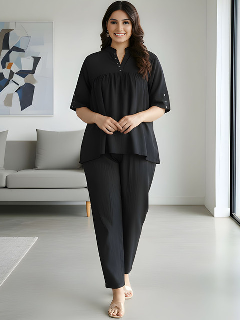 Moda Rapido Solid Cotton Blend Mandarin Collar Co-Ords