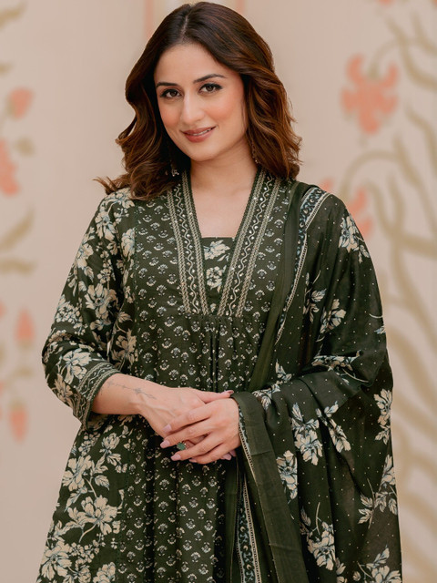 Arayna Women Floral Printed Regular Pure Cotton Kurta with Palazzos & With Dupatta