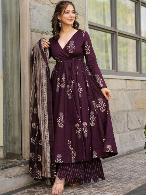 CaniBani Women Ethnic Motifs Printed Angrakha Kurta with Palazzos & With Dupatta