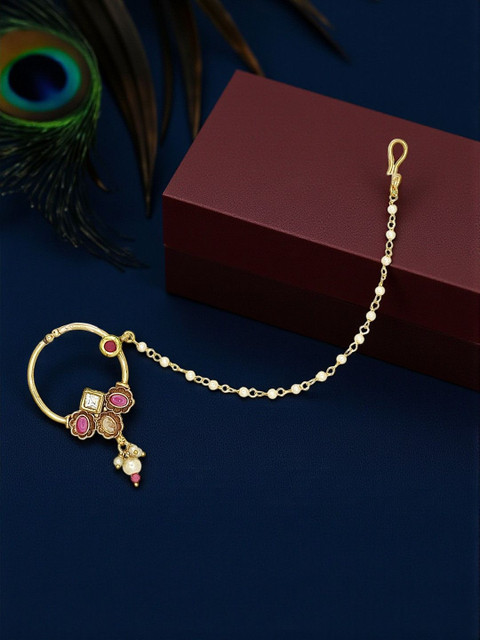 FEMMIBELLA Gold-Plated Artificial Stones and Beads Chained Nosepin