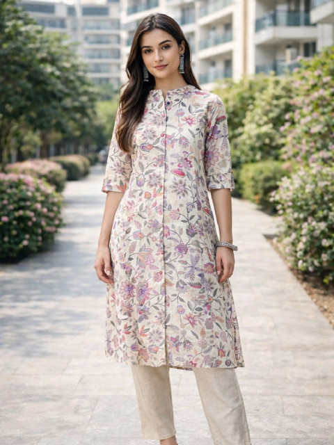Sangria Off White Floral Printed Mandarin Collar Cotton A-Line Kurta