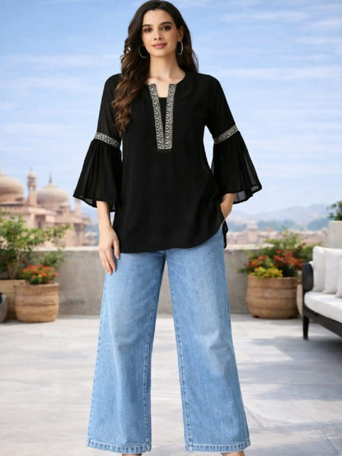 Sangria X fwd Embroidered Bell Sleeve A-Line Top
