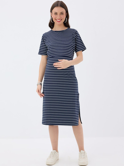 MomToBe Striped Maternity A-Line Midi Dress