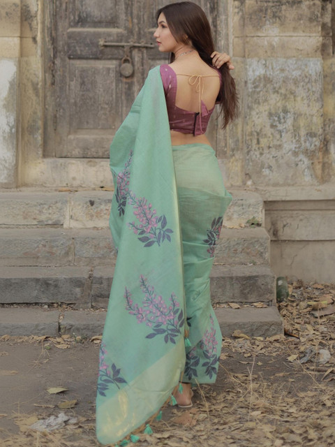 all about you Green Cotton Linen Soft Silk Saree - Image 4
