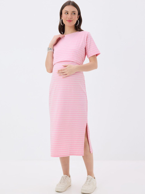 MomToBe Striped Cold-Shoulder Maternity A-Line Midi Dress