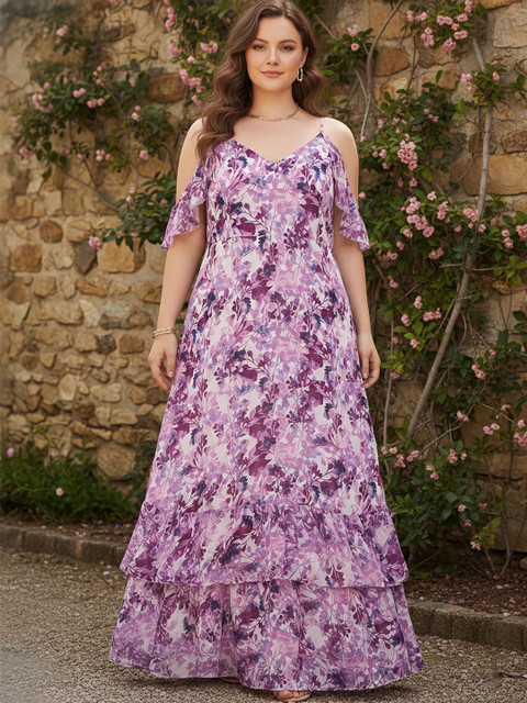 Berrylush Curve Plus Size White & Purple Floral Printed Layered Maxi Dress