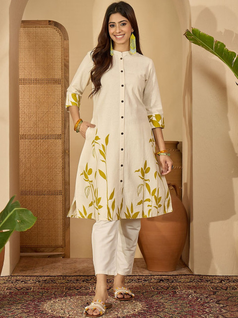 Sangria Printed Cotton Mandarin Collar Calf Length A-Line Kurtas