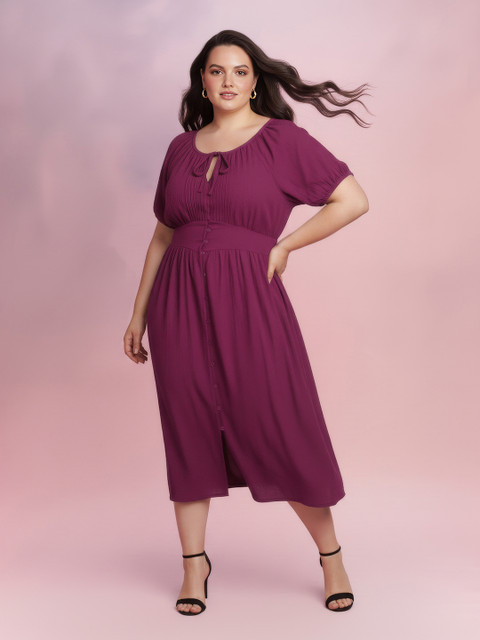 DressBerry Plus Size Tie-Up Neck Puff Sleeve A-Line Midi Dress