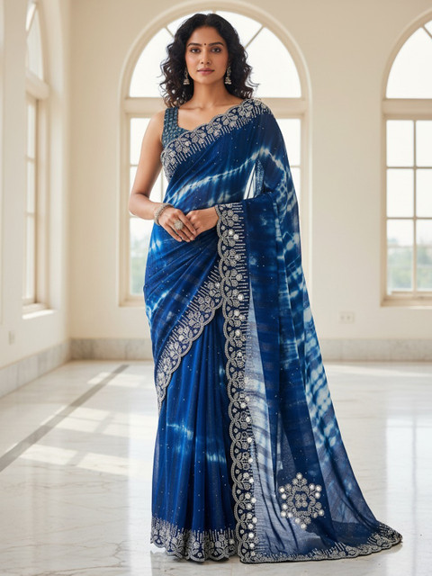 AB SILK Tie and Dye Mirror Work Pure Georgette Heavy Work Saree