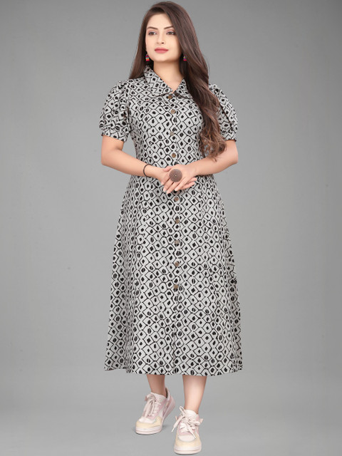 QENA Print Puff Sleeve A-Line Midi Dress