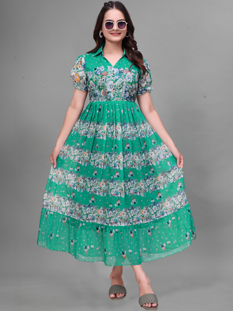 QENA Floral Print A-Line Midi Dress