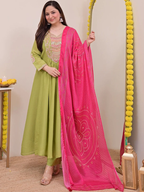 PREMNAD Ethnic Motifs Embroidered Empire Thread Work Kurta with Trousers & With Dupatta