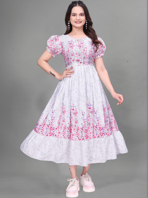 QENA Floral Print Tie-Up Neck Puff Sleeve Fit & Flare Midi Dress