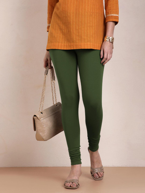 TWIN BIRDS Women Olive-Green Solid Churidar-Length Leggings