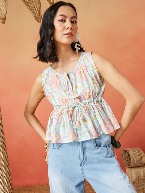 Sangria FUZN Print Tie-Up Neck Ethnic Cotton Cinched Waist Crop Top