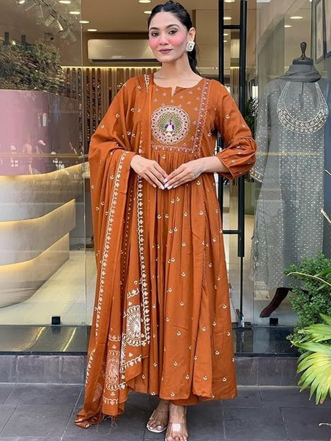 Keitra Women Ethnic Motifs Embroidered Tiered Thread Work Kurta with Trousers & With Dupatta