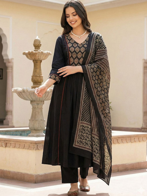 Anouk Mirage Women Ethnic Motifs Panelled Pure Cotton Kurta with Trousers & With Dupatta
