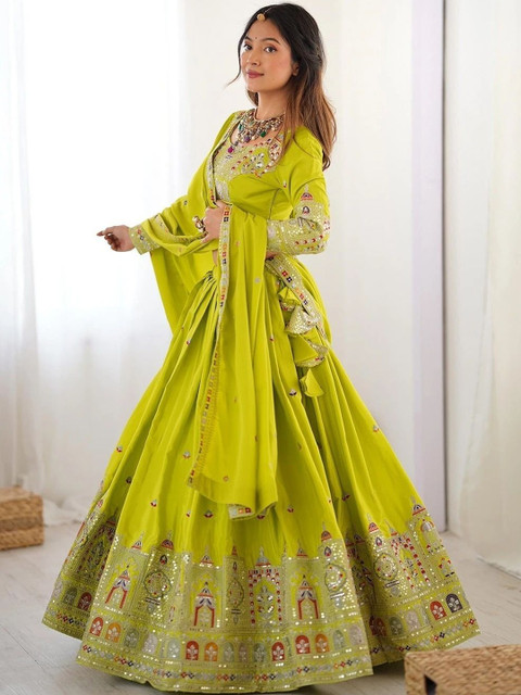 REELOVE FACTORY Embroidered Sequinned Semi-Stitched Lehenga & Unstitched Blouse