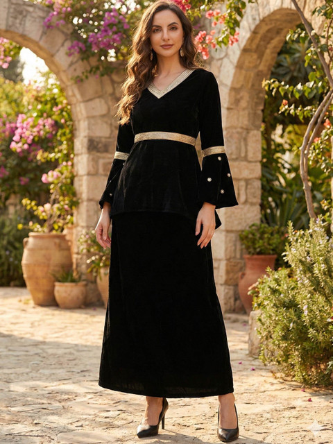 HERE&NOW Embroidered V-Neck Top with belt & Trousers Co-Ords