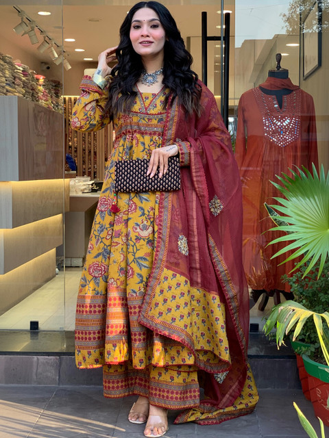 J.KANJI Women Floral Printed Empire Pure Cotton Kurta with Palazzos & With Dupatta