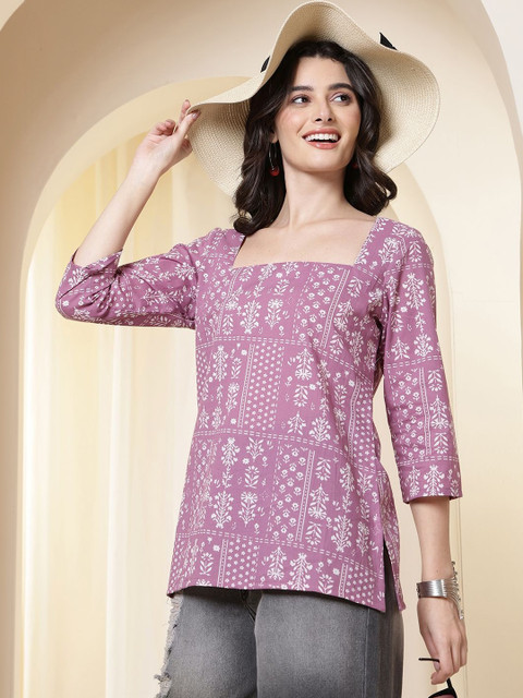 TINRANG Floral Printed Square Neck Pure Cotton Kurti