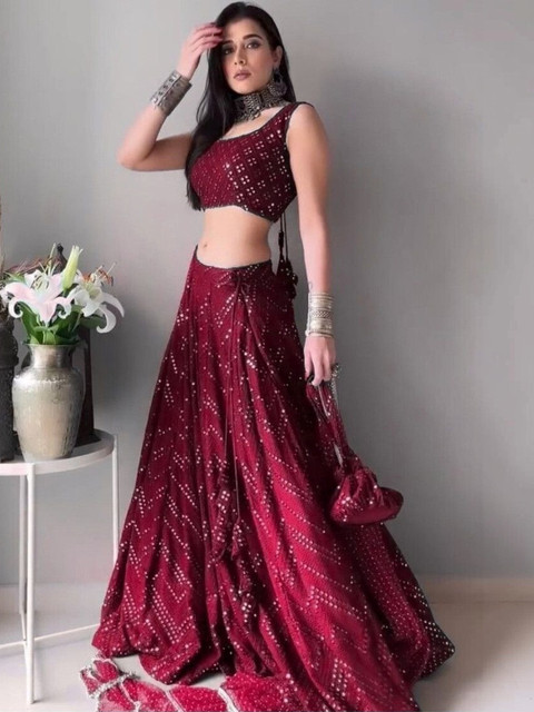 REELOVE FACTORY Embroidered Sequinned Semi-Stitched Lehenga & Unstitched Blouse