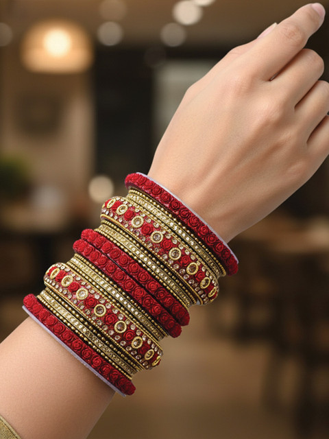 I Jewels Set of 18 Gold-Plated Stone Studded Traditional Bangles