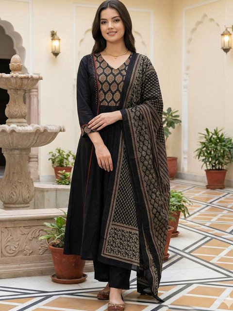 Anouk Mirage Women Ethnic Motifs Panelled Pure Cotton Kurta with Trousers & With Dupatta